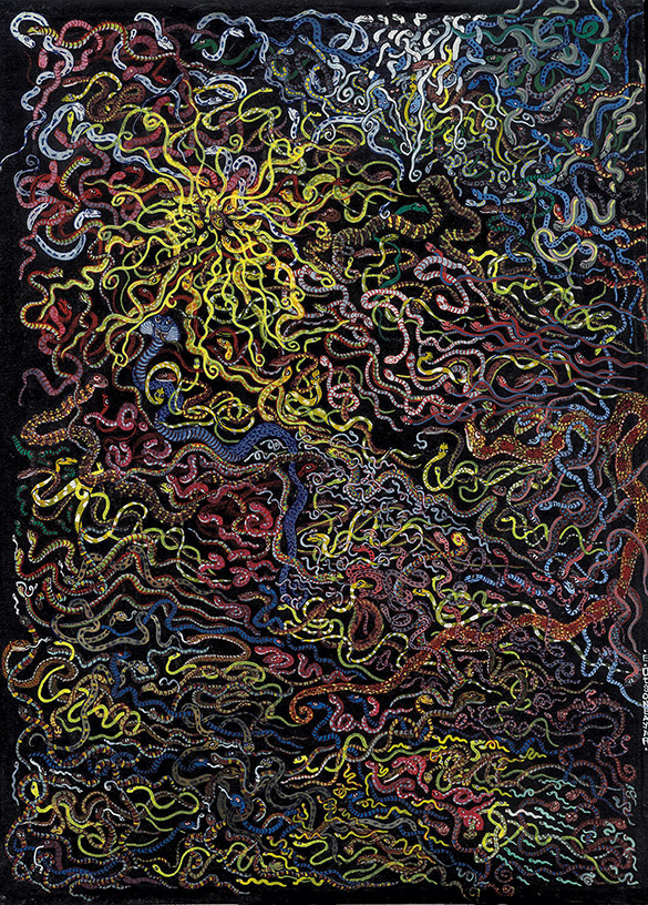 SNAKES– 1 by OTGO 2002, Tempera on cotton 30 x 21 cm