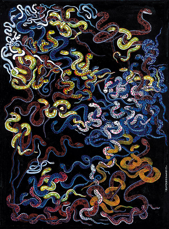 SNAKES– 2 by OTGO 2002, Tempera on cotton 30 x 21 cm
