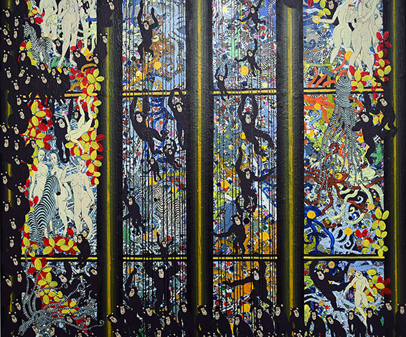 Cathédrale des Trois Grâces by OtGO 2014-2024, ink, acryl on canvas. 200 x 75 cm