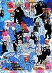 Cabinet of Curiosities Fetus: 24 pictures with about 430 stamps by OtGO 2021, consists of 24 equal-sized single paintings, ink and acryl on original Stamps, each measuring 210 by 148 mm (A5)