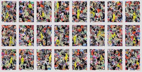 Cabinet of Curiosities Apes 24 pictures with about 430 stamps by OtGO  2024-2025, consists of 24 equal-sized single paintings, ink and acryl on original Stamps, each measuring 210 by 148 mm (A5)