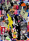 Cabinet of Curiosities: Apes  24 pictures with about 430 stamps  by OtGO 2024-2025, consists of 24 equal-sized single paintings, ink and acryl on original Stamps, each measuring 210 by 148 mm (A5)