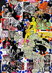 Cabinet of Curiosities: Apes  24 pictures with about 430 stamps  by OtGO 2024-2025, consists of 24 equal-sized single paintings, ink and acryl on original Stamps, each measuring 210 by 148 mm (A5)