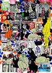 Cabinet of Curiosities: Apes  24 pictures with about 430 stamps  by OtGO 2024-2025, consists of 24 equal-sized single paintings, ink and acryl on original Stamps, each measuring 210 by 148 mm (A5)