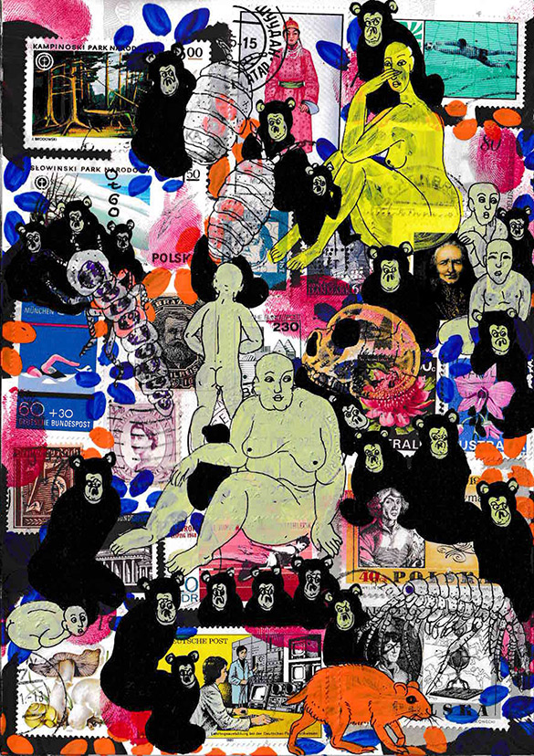 Cabine of Curiosities Apes 2 by OtGO 2024-2025, ink and acryl on original Stamps, 210 x 148  mm (A5)