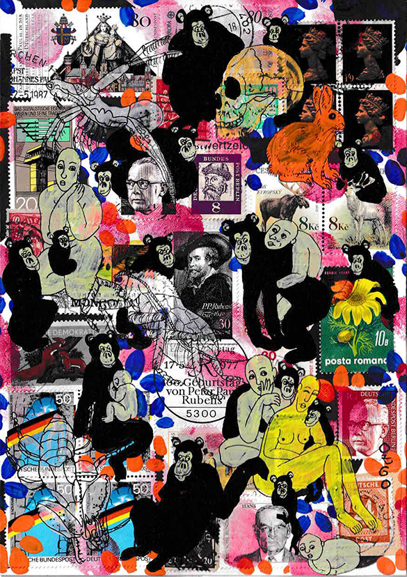 Cabine of Curiosities Apes 23 by OtGO 2024-2025, ink and acryl on original Stamps, 210 x 148  mm (A5)