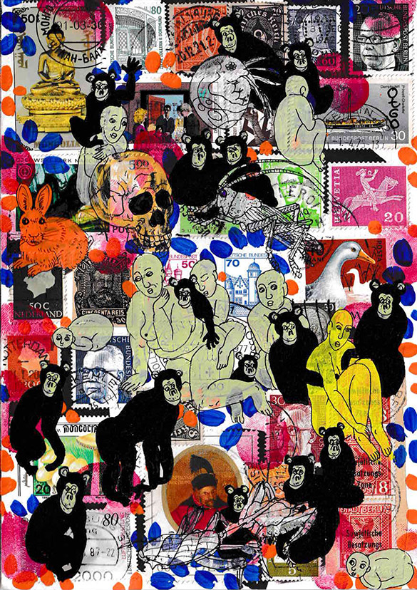 Cabine of Curiosities Apes 24 by OtGO 2024-2025, ink and acryl on original Stamps, 210 x 148  mm (A5)