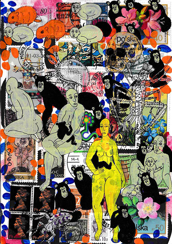 Cabine of Curiosities Apes 8 by OtGO 2024-2025, ink and acryl on original Stamps, 210 x 148  mm (A5)