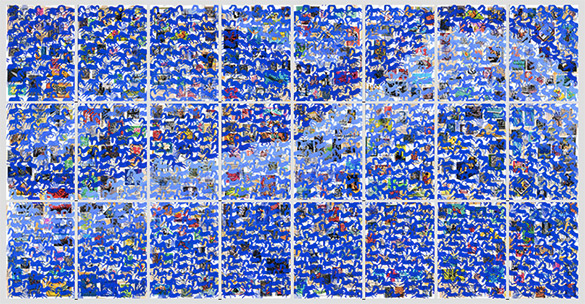 Cabinet of Curiosities Memento Horses 24 pictures with about 430 stamps by OtGO  2024-2025, consists of 24 equal-sized single paintings, ink and acryl on original Stamps, each measuring 210 by 148 mm (A5)