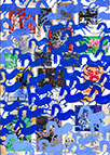 Cabinet of Curiosities Memento Horses: 24 pictures with about 430 stamps by OtGO 2021, consists of 24 equal-sized single paintings, ink and acryl on original Stamps, each measuring 210 by 148 mm (A5)