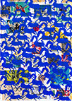 Cabinet of Curiosities Memento Horses: 24 pictures with about 430 stamps by OtGO 2021, consists of 24 equal-sized single paintings, ink and acryl on original Stamps, each measuring 210 by 148 mm (A5)