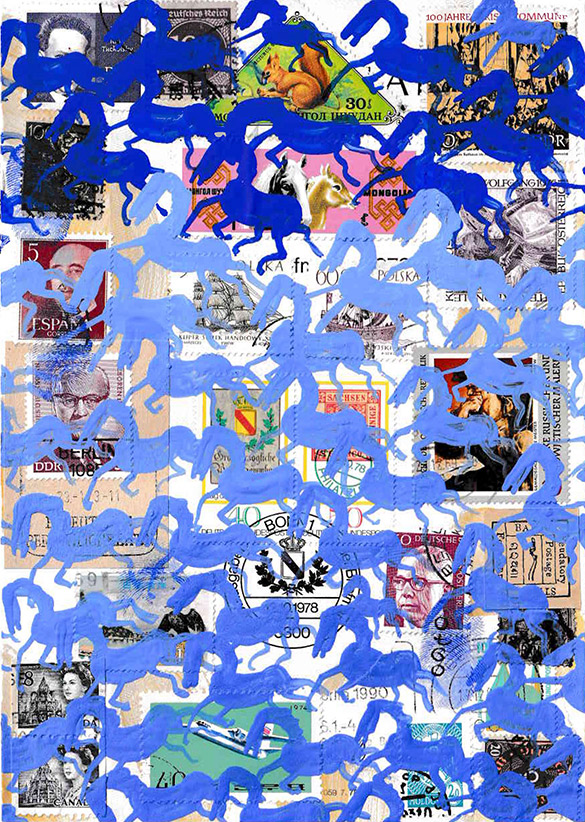 Cabine of Curiosities Memento Horses 7 by OtGO 2024-2025, ink and acryl on original Stamps, 210 x 148  mm (A5)