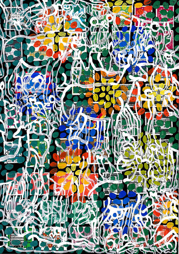 Wunderkammer 35 by OtGO 2023-20024, Acryl on original Stamps, black A4 paper, each measuring 210 by 297 mm