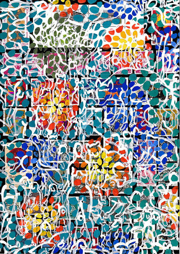 Wunderkammer 53 by OtGO 2023-20024, Acryl on original Stamps, black A4 paper, each measuring 210 by 297 mm