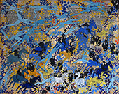 elget Guruus: Unicorn -3/12 by OtGO 1747-2025, ink and acryl on original paper from 1747. consists of 12 equal-sized single paintings 69 x 250 cm. each measuring 34,5 x 42,5 cm