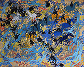 elget Guruus: Unicorn -4/12 by OtGO 1747-2025, ink and acryl on original paper from 1747. consists of 12 equal-sized single paintings 69 x 250 cm. each measuring 34,5 x 42,5 cm