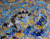 elget Guruus: Unicorn -7/12 by OtGO 1747-2025, ink and acryl on original paper from 1747. consists of 12 equal-sized single paintings 69 x 250 cm. each measuring 34,5 x 42,5 cm