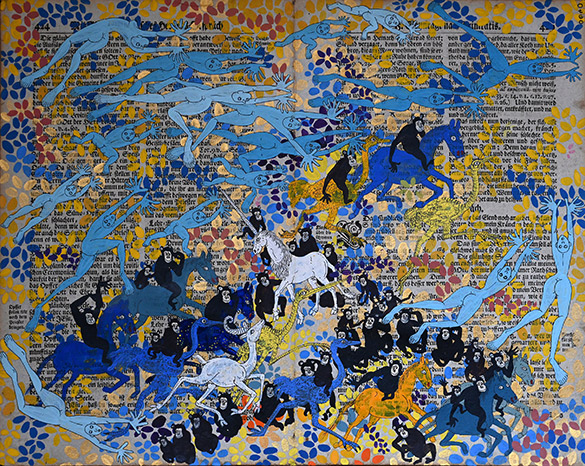 Belget Guruus: Unicorn 1/12 by OtGO 1747-2025, ink and acryl on original paper from 1747. consists of 12 equal-sized single paintings 69 x 255 cm. each measuring 34,5 x 42,5 cm