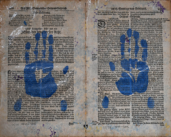 Belget Guruus: Unicorn Backside 11/12 by OtGO 1747-2025, ink and acryl on original paper from 1747. consists of 12 equal-sized single paintings 69 x 255 cm. each measuring 34,5 x 42,5 cm