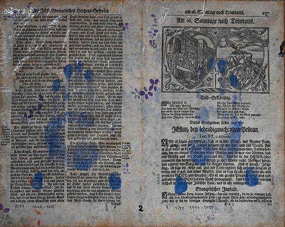 Belget Guruus: Unicorn Backside 2/12 by OtGO 1747-2025, ink and acryl on original paper from 1747. consists of 12 equal-sized single paintings 69 x 255 cm. each measuring 34,5 x 42,5 cm