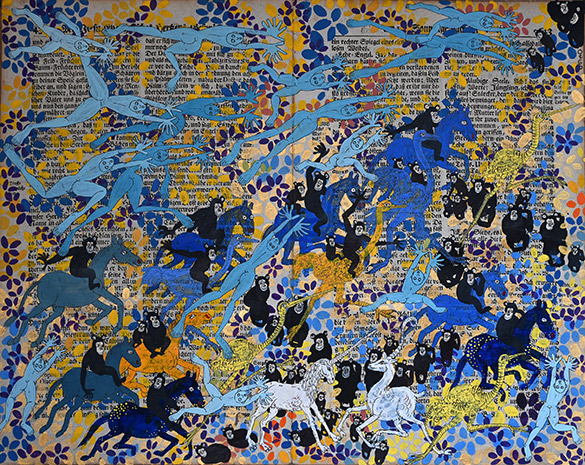 Belget Guruus: Unicorn 3/12 by OtGO 1747-2025, ink and acryl on original paper from 1747. consists of 12 equal-sized single paintings 69 x 255 cm. each measuring 34,5 x 42,5 cm