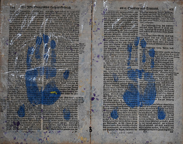 Belget Guruus: Unicorn Backside 3/12 by OtGO 1747-2025, ink and acryl on original paper from 1747. consists of 12 equal-sized single paintings 69 x 255 cm. each measuring 34,5 x 42,5 cm