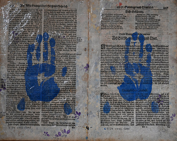 Belget Guruus: Unicorn Backside 4/12 by OtGO 1747-2025, ink and acryl on original paper from 1747. consists of 12 equal-sized single paintings 69 x 255 cm. each measuring 34,5 x 42,5 cm