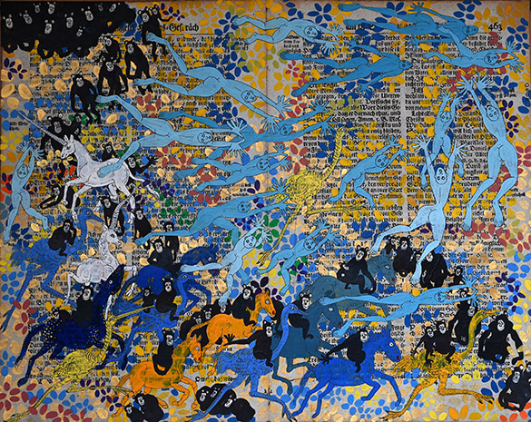 Belget Guruus: Unicorn 5/12 by OtGO 1747-2025, ink and acryl on original paper from 1747. consists of 12 equal-sized single paintings 69 x 255 cm. each measuring 34,5 x 42,5 cm