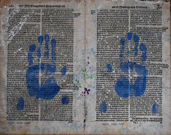 Belget Guruus: Unicorn Backside 5/12 by OtGO 1747-2025, ink and acryl on original paper from 1747. consists of 12 equal-sized single paintings 69 x 255 cm. each measuring 34,5 x 42,5 cm