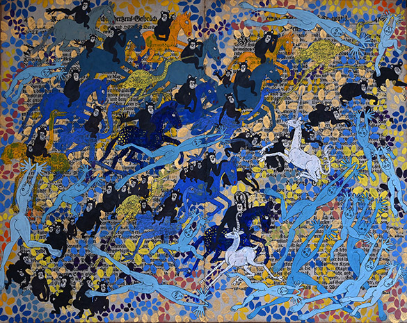 Belget Guruus: Unicorn 6/12 by OtGO 1747-2025, ink and acryl on original paper from 1747. consists of 12 equal-sized single paintings 69 x 255 cm. each measuring 34,5 x 42,5 cm