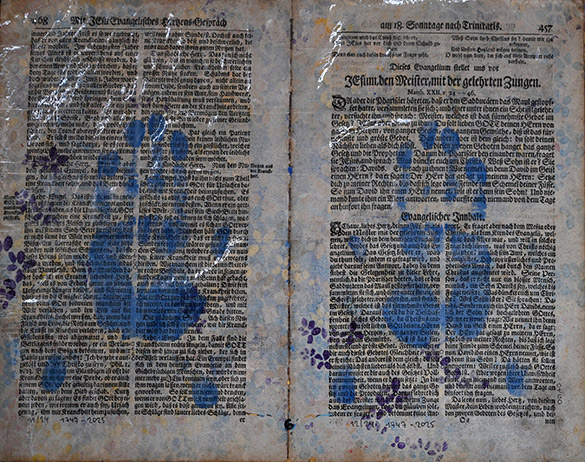 Belget Guruus: Unicorn Backside 6/12 by OtGO 1747-2025, ink and acryl on original paper from 1747. consists of 12 equal-sized single paintings 69 x 255 cm. each measuring 34,5 x 42,5 cm