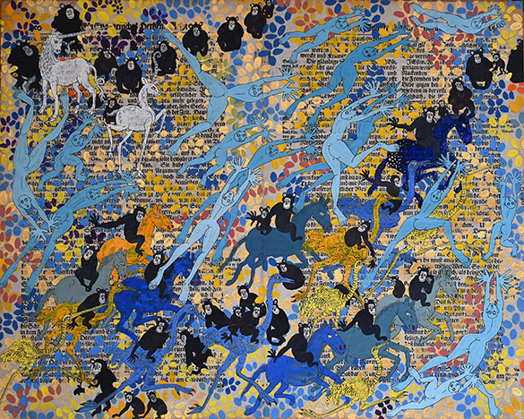 Belget Guruus: Unicorn 9/12 by OtGO 1747-2025, ink and acryl on original paper from 1747. consists of 12 equal-sized single paintings 69 x 255 cm. each measuring 34,5 x 42,5 cm