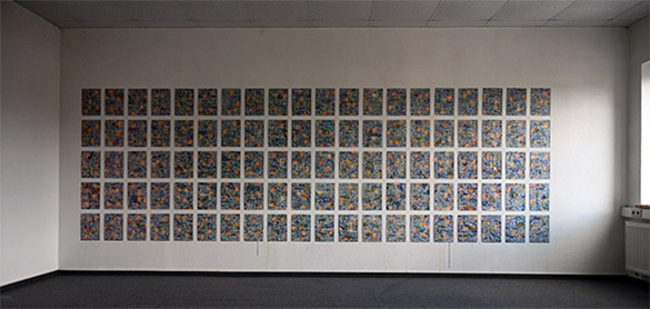 Wunderkammer (Cabinet of Wonders): 100 pictures with about 6000 stamps by OtGO 2023-2024, consists of 100 equal-sized single paintings, Acryl on original Stamps, black A4 paper, each measuring 210 by 297 mm