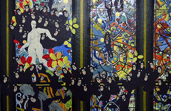 Cathédrale des Trois Grâces by OtGO 2014-2024, ink, acryl on canvas. 200 x 75 cm