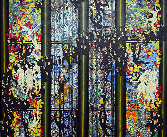 Cathédrale des Trois Grâces by OtGO 2014-2024, ink, acryl on canvas. 200 x 75 cm