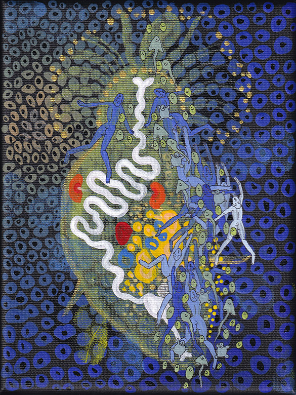 The Rotifers by OtGO 2020 - 2023 Berlin Studio, mixed media, acryl on canvas consists of 40 equal-sized single paintings, each measuring 20 by 15 cm