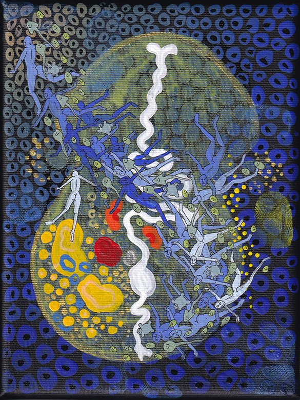 The Rotifers -08 by OtGO 2020 - 2023 Berlin Studio, mixed media, acryl on canvas consists of 40 equal-sized single paintings, each measuring 20 by 15 cm