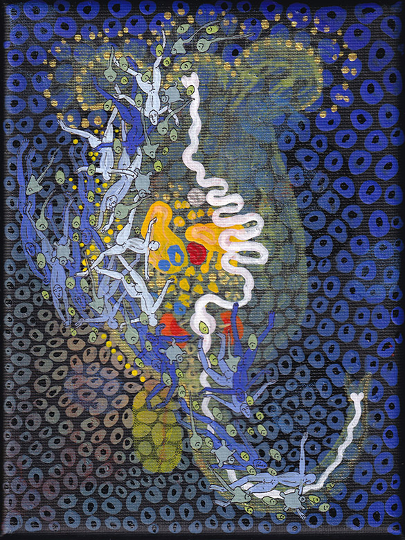 The Rotifers -09 by OtGO 2020 - 2023 Berlin Studio, mixed media, acryl on canvas consists of 40 equal-sized single paintings, each measuring 20 by 15 cm