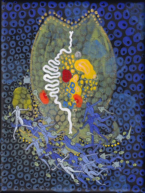 The Rotifers -16 by OtGO 2020 - 2023 Berlin Studio, mixed media, acryl on canvas consists of 40 equal-sized single paintings, each measuring 20 by 15 cm