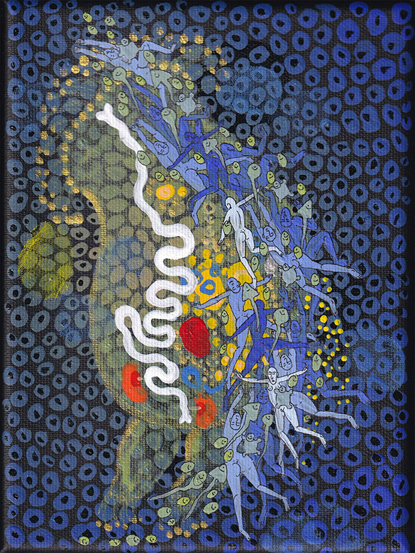 The Rotifers -17 by OtGO 2020 - 2023 Berlin Studio, mixed media, acryl on canvas consists of 40 equal-sized single paintings, each measuring 20 by 15 cm