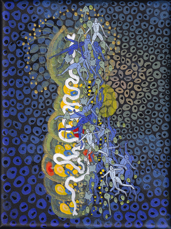 The Rotifers -18 by OtGO 2020 - 2023 Berlin Studio, mixed media, acryl on canvas consists of 40 equal-sized single paintings, each measuring 20 by 15 cm