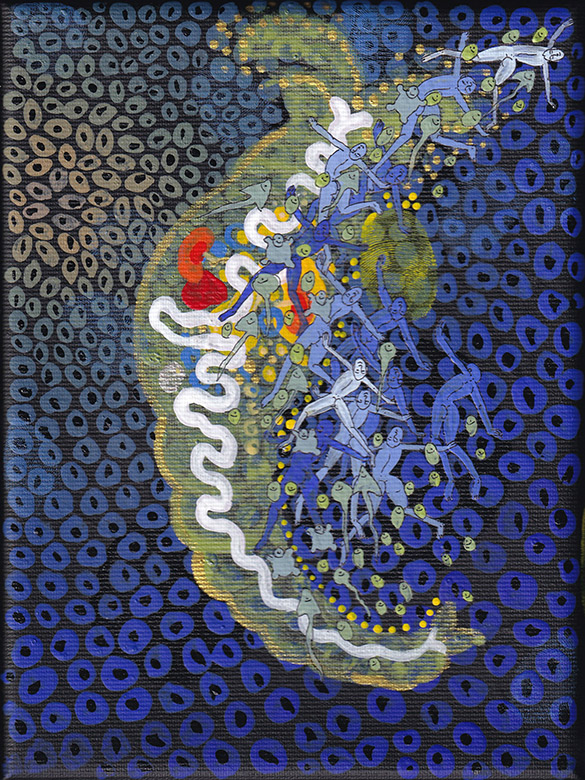 The Rotifers -19 by OtGO 2020 - 2023 Berlin Studio, mixed media, acryl on canvas consists of 40 equal-sized single paintings, each measuring 20 by 15 cm