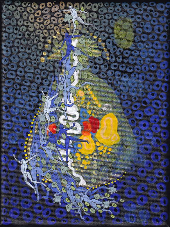 The Rotifers -24 by OtGO 2020 - 2023 Berlin Studio, mixed media, acryl on canvas consists of 40 equal-sized single paintings, each measuring 20 by 15 cm