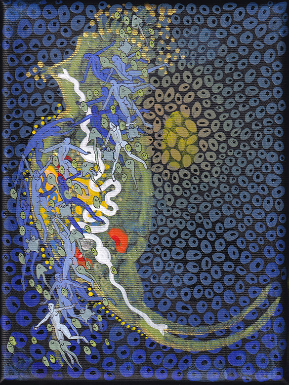The Rotifers -26 by OtGO 2020 - 2023 Berlin Studio, mixed media, acryl on canvas consists of 40 equal-sized single paintings, each measuring 20 by 15 cm