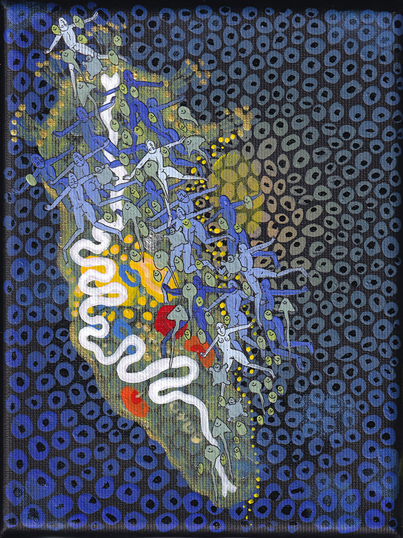 The Rotifers -27 by OtGO 2020 - 2023 Berlin Studio, mixed media, acryl on canvas consists of 40 equal-sized single paintings, each measuring 20 by 15 cm