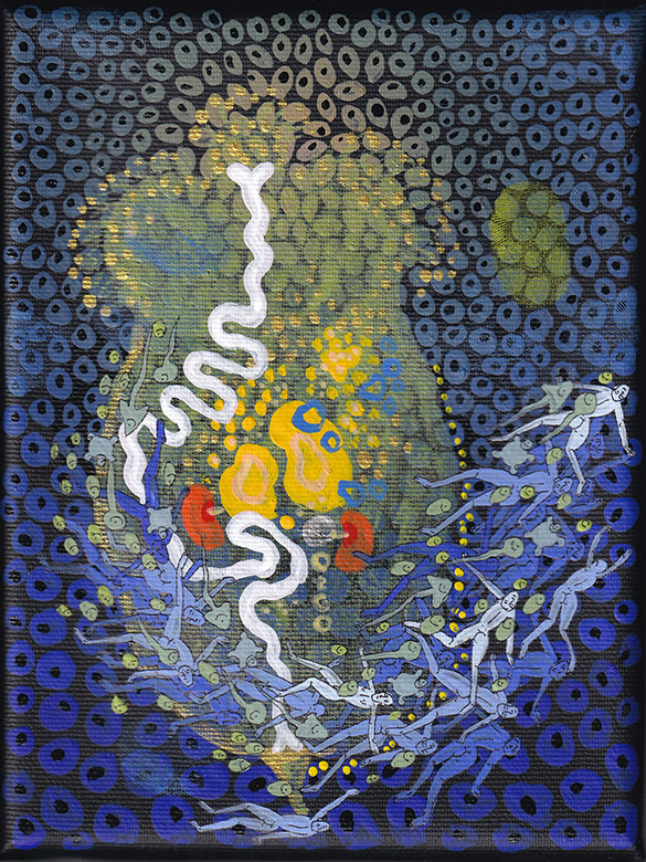 The Rotifers -33 by OtGO 2020 - 2023 Berlin Studio, mixed media, acryl on canvas consists of 40 equal-sized single paintings, each measuring 20 by 15 cm