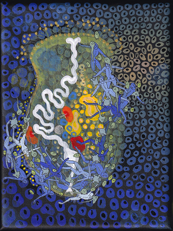 The Rotifers -40 by OtGO 2020 - 2023 Berlin Studio, mixed media, acryl on canvas consists of 40 equal-sized single paintings, each measuring 20 by 15 cm