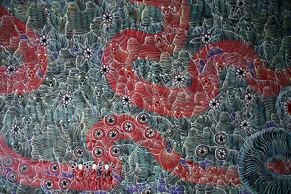 Mongolian Death Worm by OtGO 2023, acryl on canvas 75 x 400 cm. Detailed view: Mongolian Death Worm - Олгой хорхой