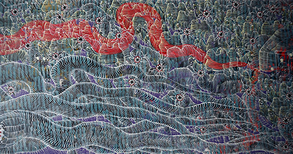 Mongolian Death Worm by OtGO 2023, acryl on canvas 75 x 400 cm. Detailed view: Mongolian Death Worm - Олгой хорхой