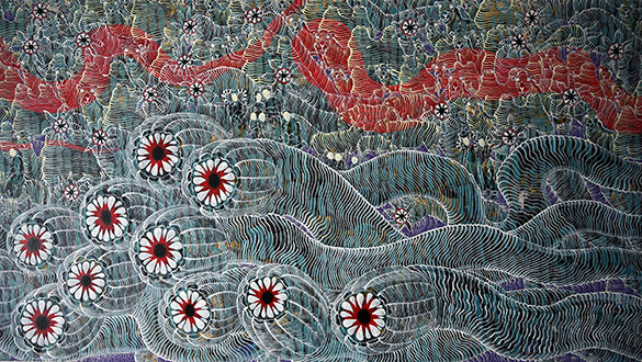Mongolian Death Worm by OtGO 2023, acryl on canvas 75 x 400 cm. Detailed view: Mongolian Death Worm - Олгой хорхой